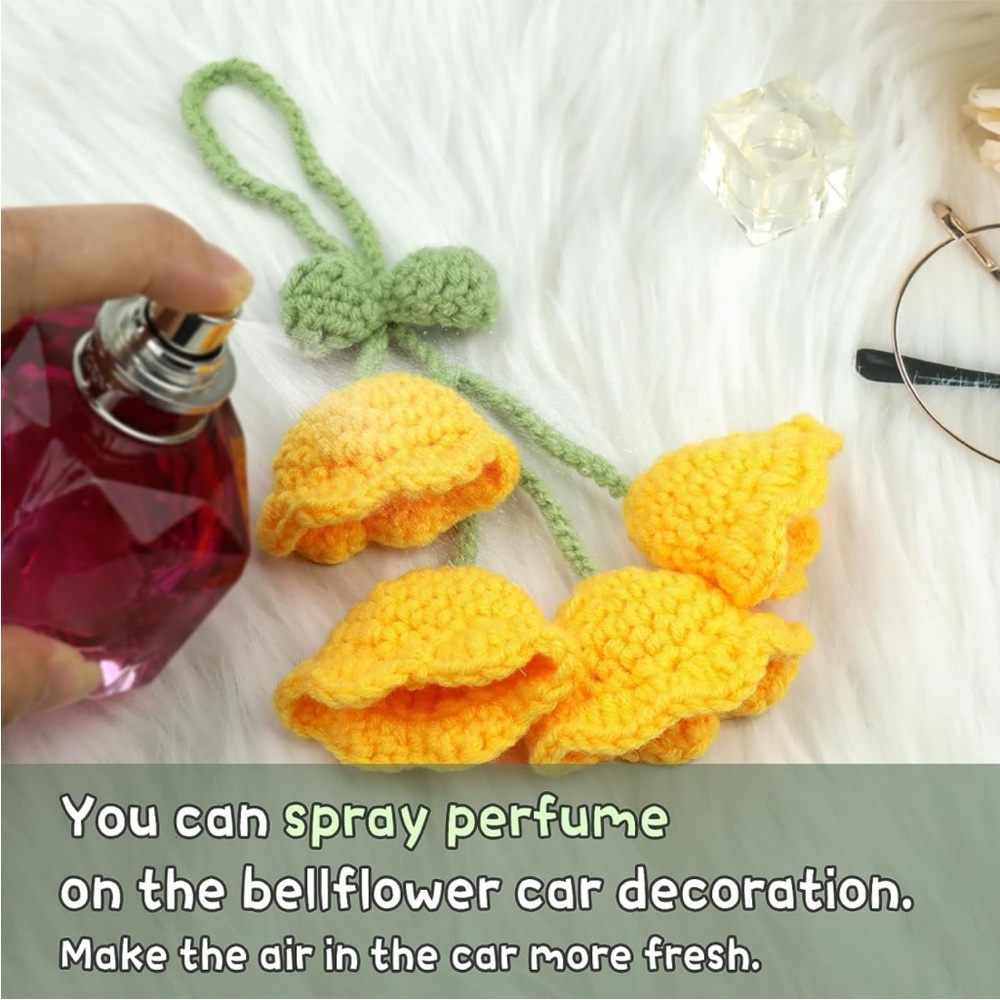 Handmade Dainty Yellow Woven Bell Flower Plant Knit Car Mirror Hanging Accessory - Picture 2 of 10